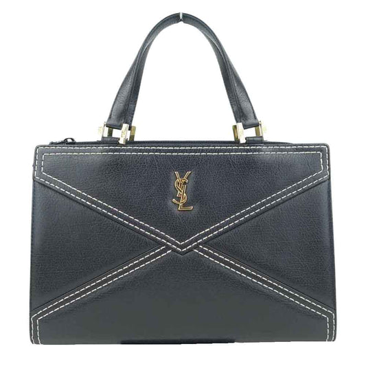 YVES SAINT LAURENT イヴサンローラン ヴィンテージ YSL ロゴ ステッチ ハンドバッグ ブラック系【中古】