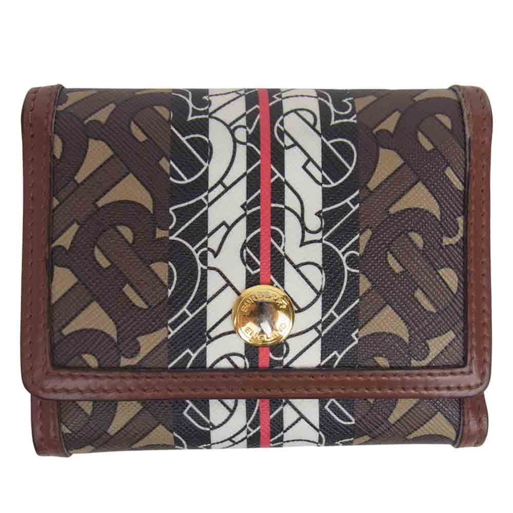 BURBERRY バーバリー TB モノグラム ストライプ キャンバス ウォレット 三つ折り財布 ブラウン系【中古】