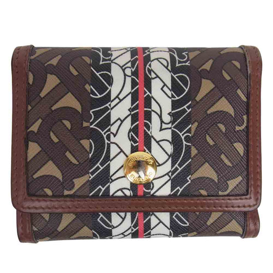 BURBERRY バーバリー TB モノグラム ストライプ キャンバス ウォレット 三つ折り財布 ブラウン系【中古】