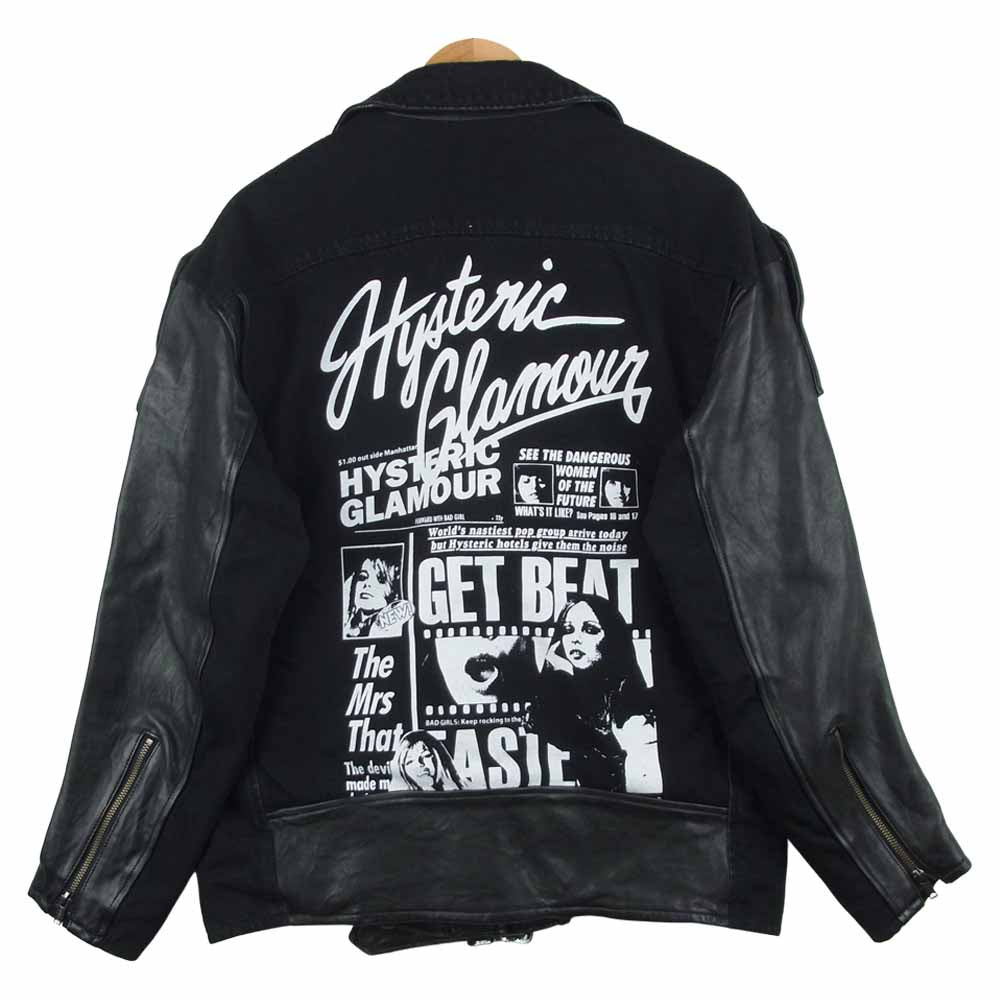 HYSTERIC GLAMOUR ヒステリックグラマー 01193LB01 FORWARD WITH BAD GIRL ラムレザー ユーズド加工 ダブルライダース デニム ジャケット ブラック系 FREE【中古】