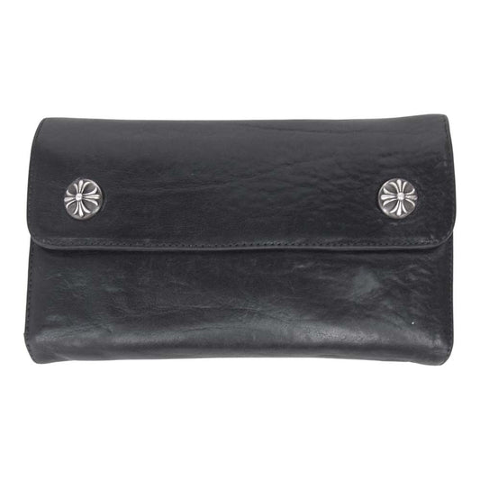 CHROME HEARTS クロムハーツ（原本無） WAVE ウェーブ クロスボール ボタン レザー 長財布 ウォレット ブラック系【中古】