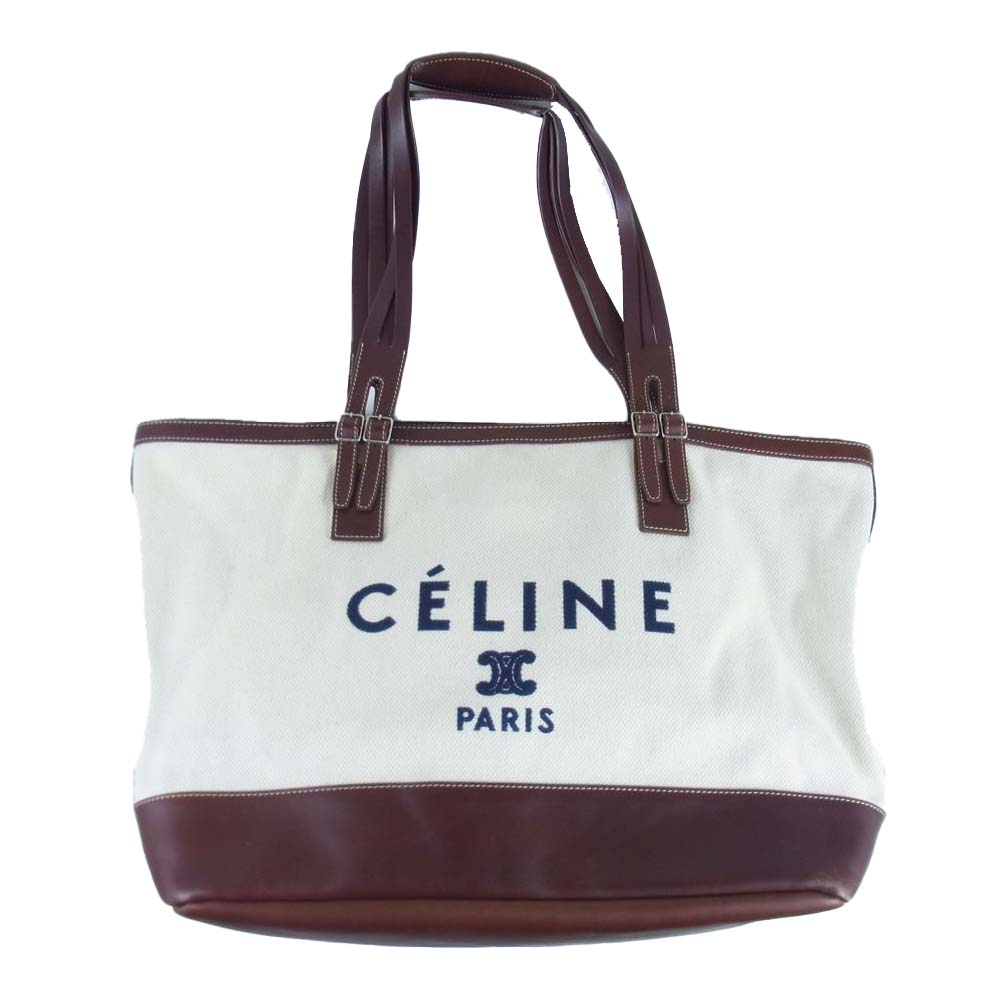 CELINE セリーヌ S-SN-1120 S-PA-1011 ロゴ レザー キャンバス トートバッグ オフホワイト系 ブラウン系【中古】