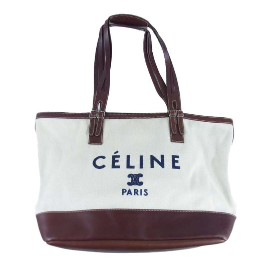 CELINE セリーヌ S-SN-1120 S-PA-1011 ロゴ レザー キャンバス トートバッグ オフホワイト系 ブラウン系【中古】