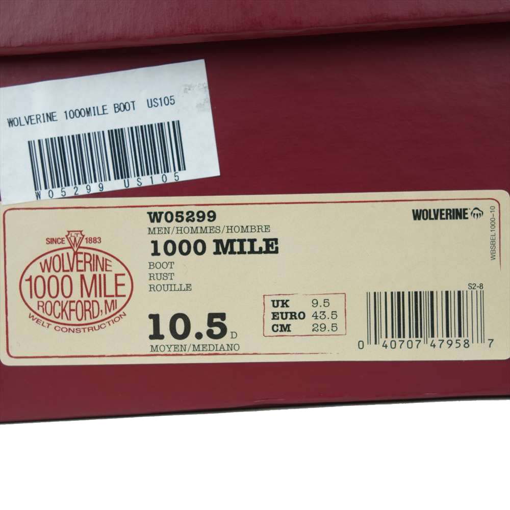 WOLVERINE ウルヴァリン W05299 1000MILE BOOT 1000マイル ブーツ ブラウン系 US 10.5【美品】【中古】