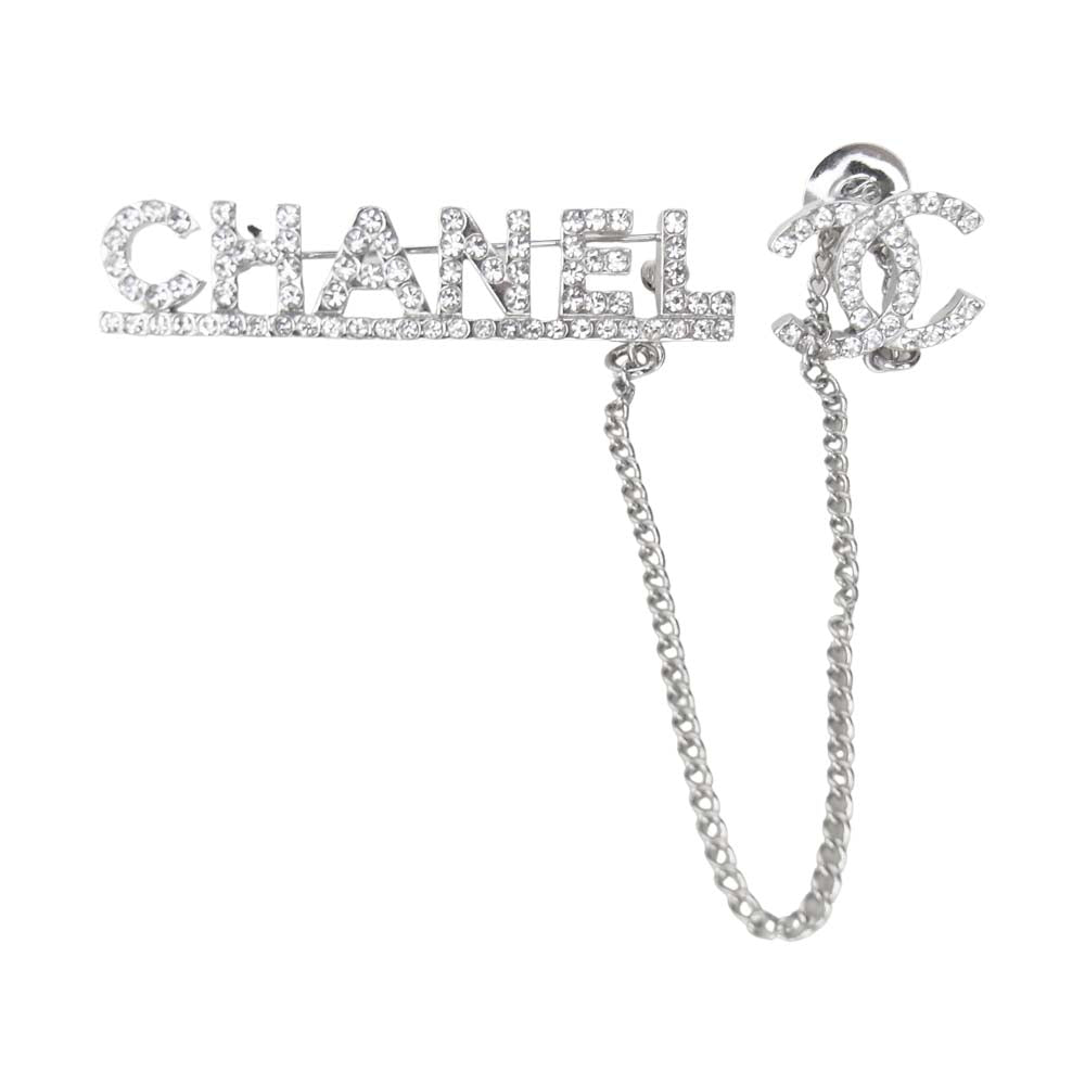 CHANEL シャネル ラインストーン  ココマーク ロゴ チェーン ブローチ シルバー系【中古】