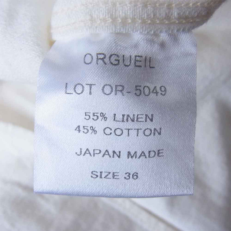 ORGUEIL オルゲイユ OR-5049 Linen shirt リネン 七分 袖 バンドカラー オフホワイト系 36【美品】【中古】