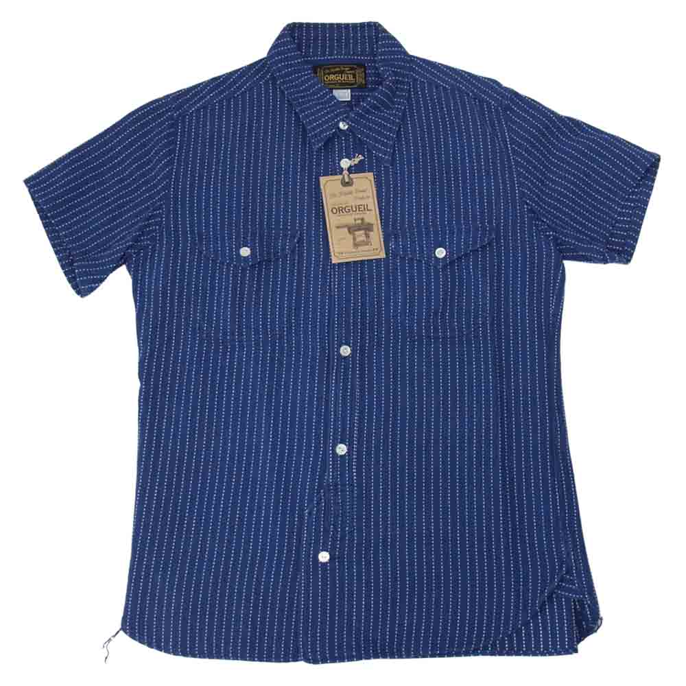 ORGUEIL オルゲイユ OR-5009C Short Sleeve Shirt ショート スリーブ インディゴ 刺し子 ストライプ ワーク インディゴブルー系 36【美品】【中古】