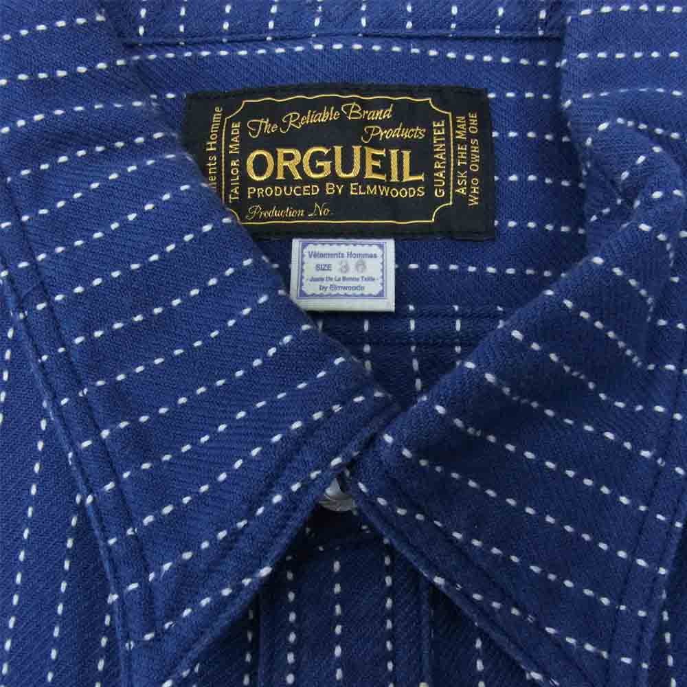 ORGUEIL オルゲイユ OR-5009C Short Sleeve Shirt ショート スリーブ インディゴ 刺し子 ストライプ ワーク インディゴブルー系 36【美品】【中古】
