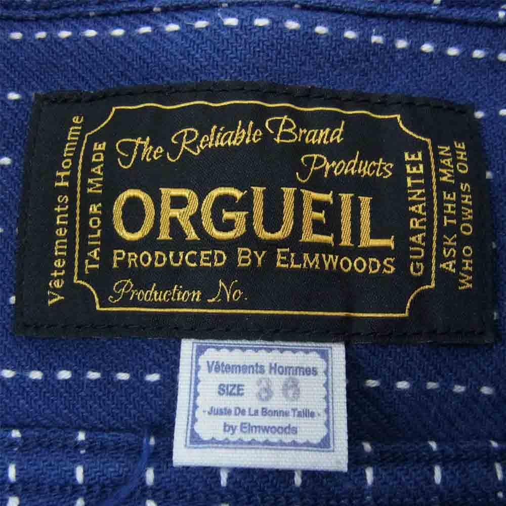 ORGUEIL オルゲイユ OR-5009C Short Sleeve Shirt ショート スリーブ インディゴ 刺し子 ストライプ ワーク インディゴブルー系 36【美品】【中古】