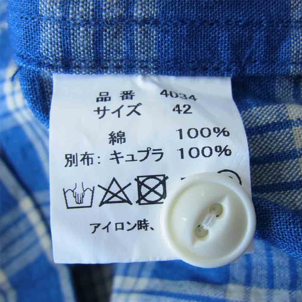 FULLCOUNT フルカウント 4034 INDIGO PALAKA CHECK OPEN COLLAR SHIRT パラカ チェック オープンカラー 開襟 シャツ ブルー系 42【中古】