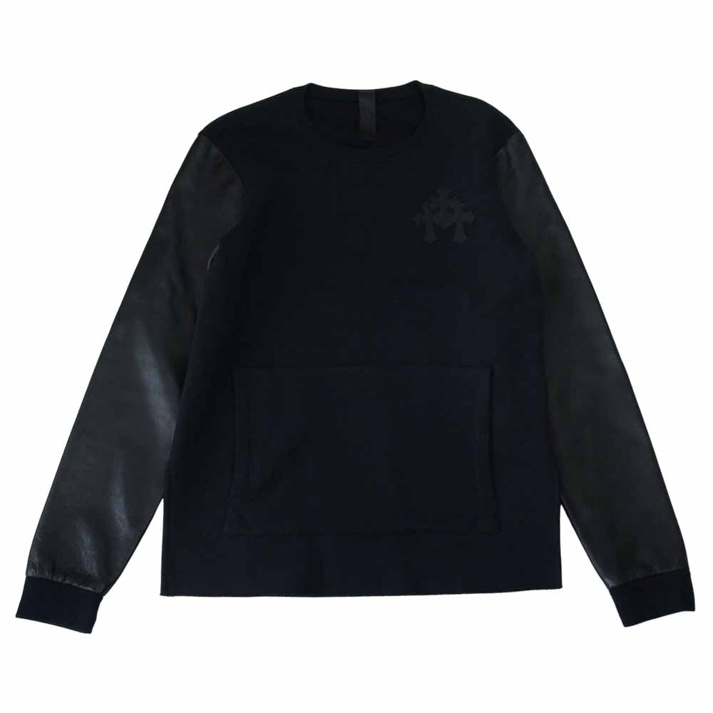 CHROME HEARTS クロムハーツ（原本無） SPLTSID SWTSHRT 袖レザー 切替 クロスパッチ クルーネック スウェット ブラック系 M【美品】【中古】