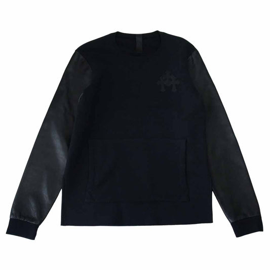CHROME HEARTS クロムハーツ（原本無） SPLTSID SWTSHRT 袖レザー 切替 クロスパッチ クルーネック スウェット ブラック系 M【美品】【中古】