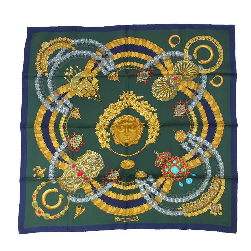 HERMES エルメス カレ90 KOSMIMA スカーフ グリーン系【中古】