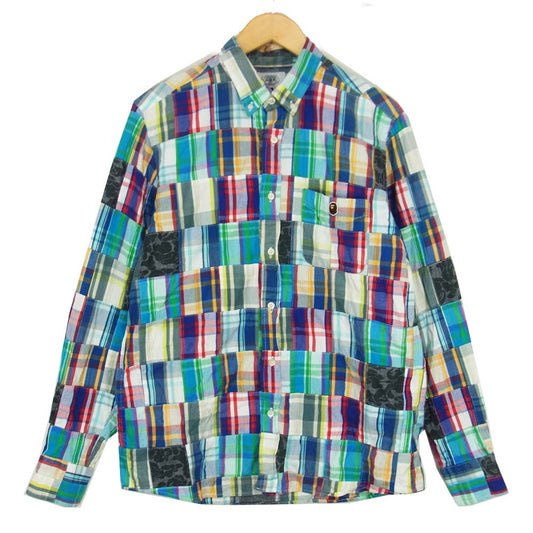 A BATHING APE アベイシングエイプ パッチワーク ボタンダウン 長袖 シャツ マルチカラー系 L【中古】