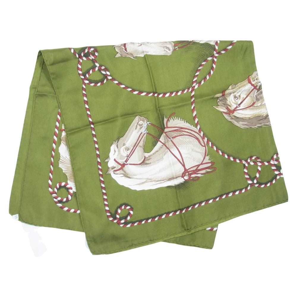 HERMES エルメス カレ90 BRIDES LEGERES シルク スカーフ ストール 馬 ホース グリーン系【中古】