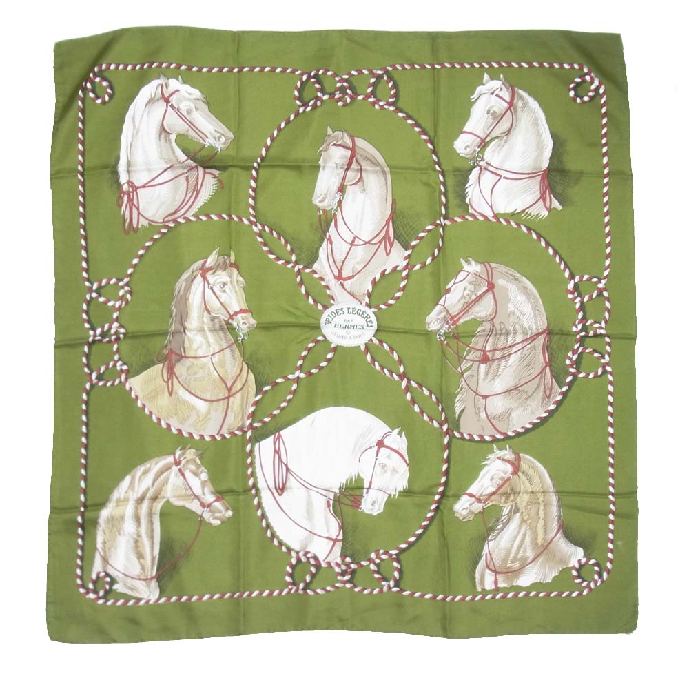 HERMES エルメス カレ90 BRIDES LEGERES シルク スカーフ ストール 馬 ホース グリーン系【中古】