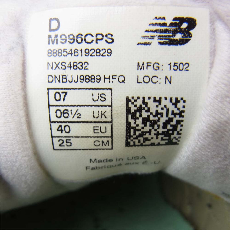 NEW BALANCE ニューバランス M996CPS USA製 ローカット スニーカー ライトグリーン系 US7 UK6.5 EUR40【中古】
