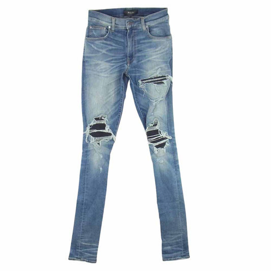 アミリ 国内正規品 MX1 クラッシュ加工 バイカーレザーリペア スキニー デニム パンツ ライトブルー系 29【中古】