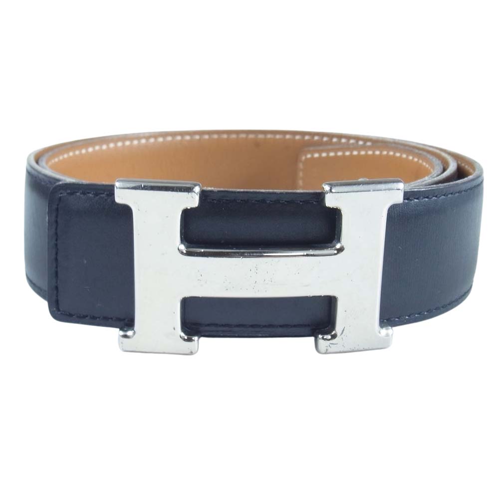 HERMES エルメス □A刻印 シルバー金具 H レザーベルト ベルト フランス製 ブラック系 75【中古】