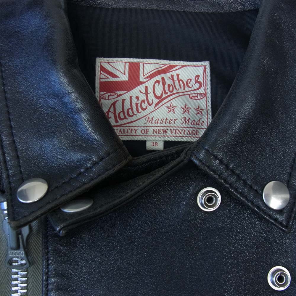 ADDICT CLOTHES アディクトクローズ AD-03 茶芯 ベジタン SHEEP SKIN BRITISH ASYMMETRY JACKET フルベジタブルタンニン ダブル ライダース ブラック系 38【中古】