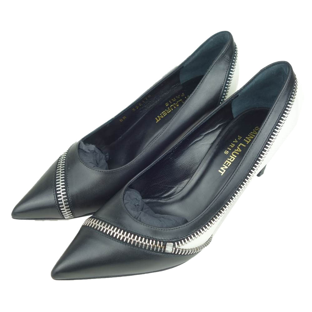 SAINT LAURENT サンローラン 335178 ジップ ヒール パンプス ブラック系 ホワイト系 35.5【極上美品】【中古】