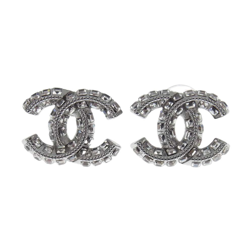 CHANEL シャネル ココマーク ラインストーン ピアス フランス製 シルバー系【美品】【中古】