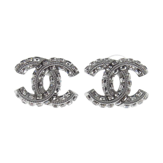 CHANEL シャネル ココマーク ラインストーン ピアス フランス製 シルバー系【美品】【中古】