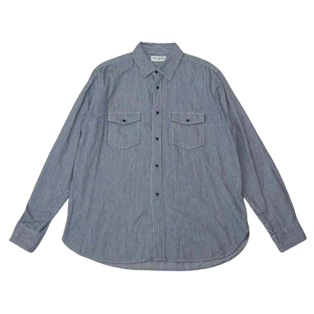 SAINT LAURENT サンローラン DV13 483071 Y829R 4010 国内正規品 ヒッコリー ストライプ 長袖 シャツ インディゴブルー系 ホワイト系 S【中古】