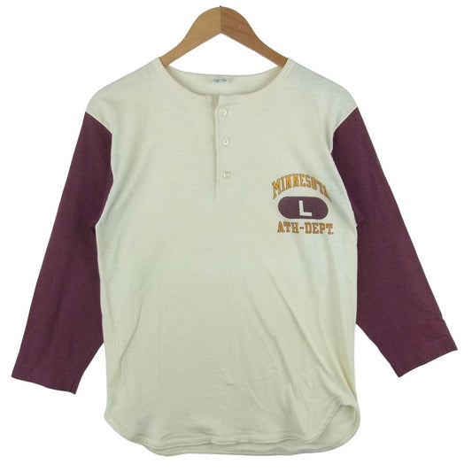 Champion チャンピオン ヴィンテージ 80s トリコタグ ヘンリー ネック 7分袖 Tシャツ オフホワイト系 エンジ系 L【中古】