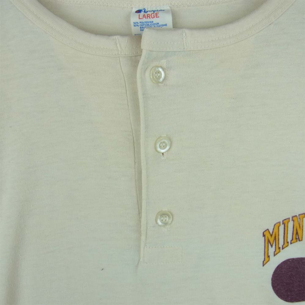 Champion チャンピオン ヴィンテージ 80s トリコタグ ヘンリー ネック 7分袖 Tシャツ オフホワイト系 エンジ系 L【中古】