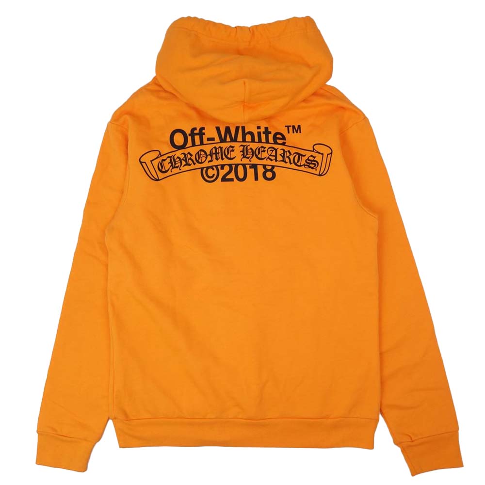 CHROME HEARTS クロムハーツ（原本無） × OFF-WHITE HD PLVR V オフホワイト ロゴ バックプリント プルオーバー パーカー オレンジ系 M【極上美品】【中古】