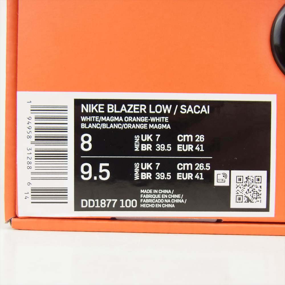 NIKE ナイキ DD1877-100 SACAI X BLAZER LOW MAGMA ORANGE サカイ × ブレザー ロー マグマ オレンジ メンズ スニーカー  ホワイト系 オレンジ系 26【極上美品】【中古】