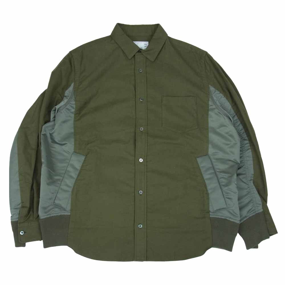 Sacai サカイ 20-02357M Nylon Twill Cotton Shirt ナイロン ツイル ミリタリー ドッキング シャツ MA1 カーキ系 4【美品】【中古】