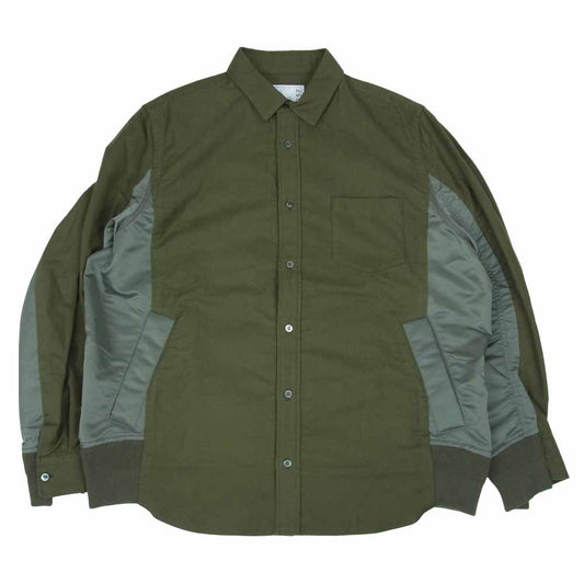 Sacai サカイ 20-02357M Nylon Twill Cotton Shirt ナイロン ツイル ミリタリー ドッキング シャツ MA1 カーキ系 4【美品】【中古】