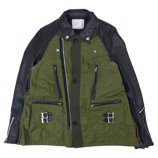 Sacai サカイ 21-02548M oversized contrast panel biker jacket レザー キルティング ドッキング コンビネーション ライダース カーキ系 ブラック系 3【極上美品】【中古】