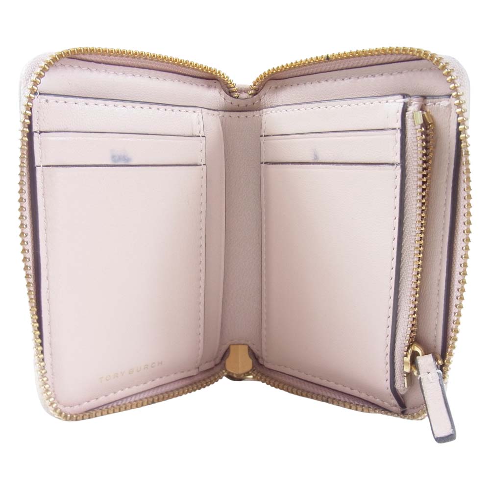 Tory Burch トリーバーチ ロゴ チャーム ファスナー 二つ折り 財布 ウォレット ピンク系【中古】