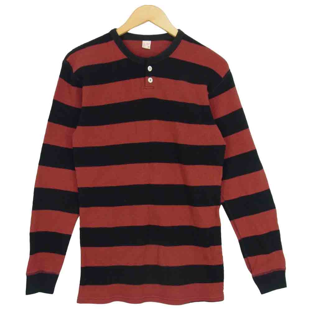 THE FLAT HEAD ザフラットヘッド ボーダー ヘンリーネック ワッフル サーマル カットソー レッド レッド系 42【中古】