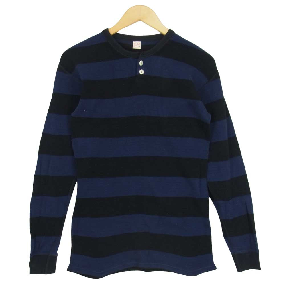 THE FLAT HEAD ザフラットヘッド ボーダー ヘンリーネック ワッフル サーマル カットソー ブルー ネイビー系 42【中古】