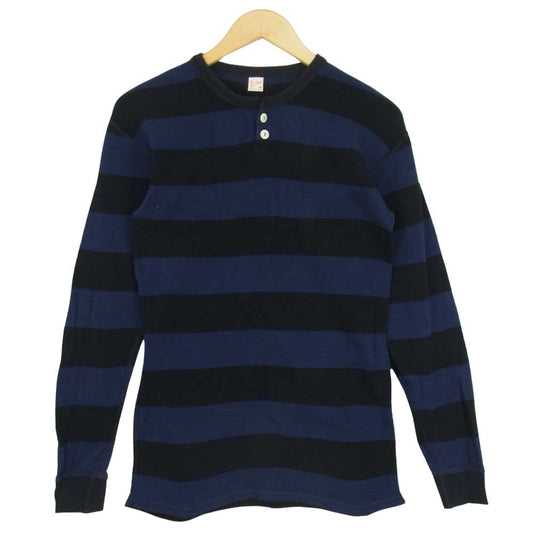 THE FLAT HEAD ザフラットヘッド ボーダー ヘンリーネック ワッフル サーマル カットソー ブルー ネイビー系 42【中古】