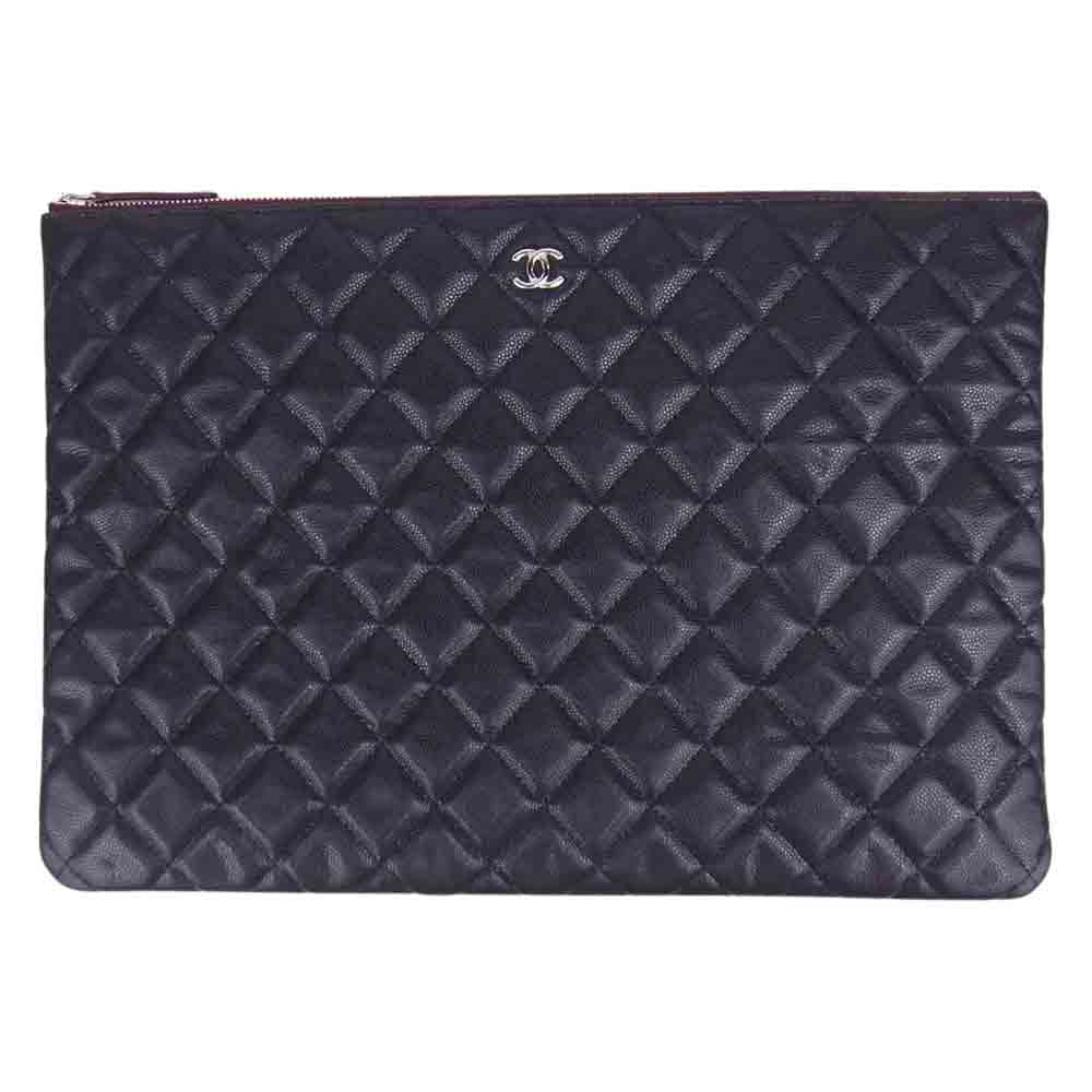 CHANEL シャネル 26502789 キャビアスキン マトラッセ ココマーク キルティング ドキュメントケース クラッチバッグ シルバー金具 シール有 ブラック系【美品】【中古】
