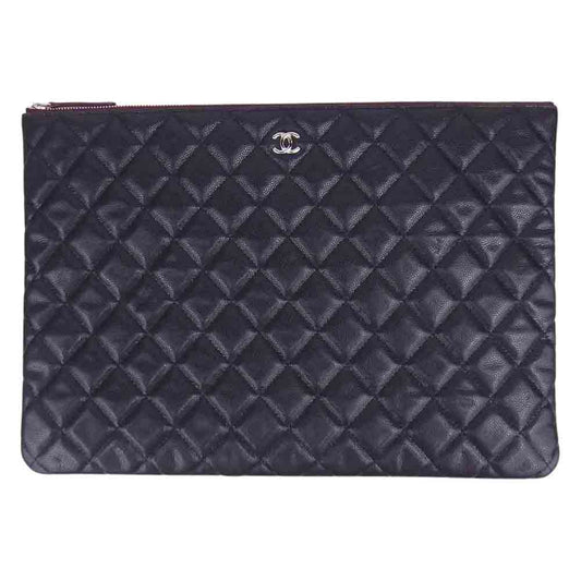 CHANEL シャネル 26502789 キャビアスキン マトラッセ ココマーク キルティング ドキュメントケース クラッチバッグ シルバー金具 シール有 ブラック系【美品】【中古】