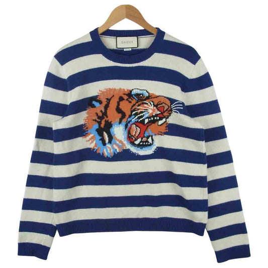 GUCCI グッチ 18SS 499250 X9186 国内正規品 TIGER HEAD LOVED タイガーヘッド ボーダー ニット ブルー系 ホワイト系 M【中古】