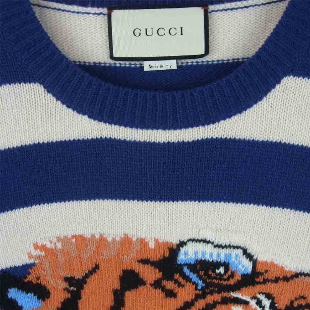 GUCCI グッチ 18SS 499250 X9186 国内正規品 TIGER HEAD LOVED タイガーヘッド ボーダー ニット ブルー系 ホワイト系 M【中古】
