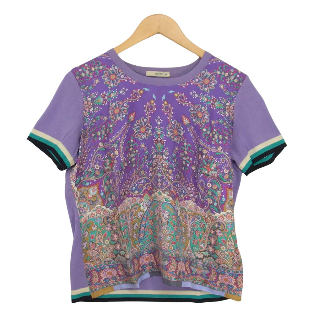 ETRO エトロ シルクペイズリー切替 クルーネック 半袖 ニット パープル系 46【中古】