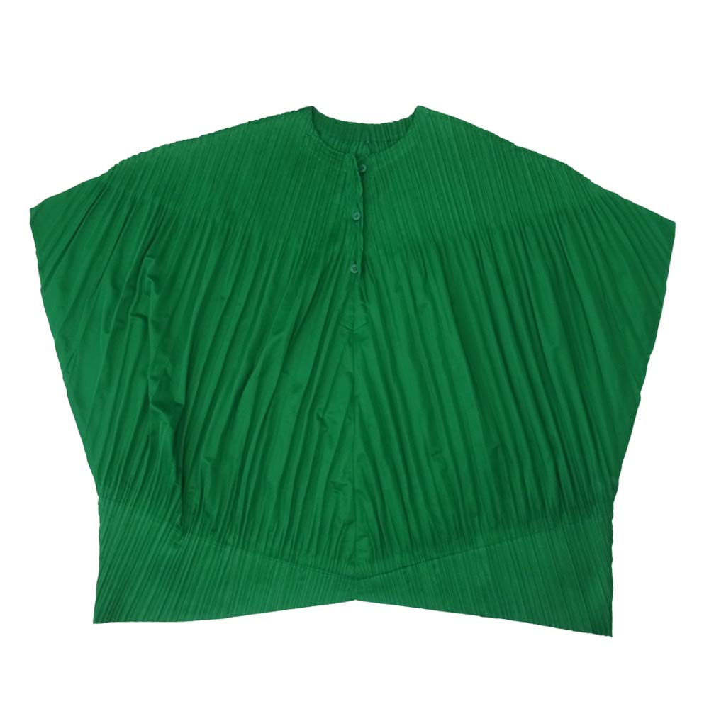 プリーツプリーズ ISSEY MIYAKE イッセイミヤケ PP83-JT512 プリーツ加工 ヘンリーネック ボックスシルエット カットソー グリーン グリーン系 3【美品】【中古】