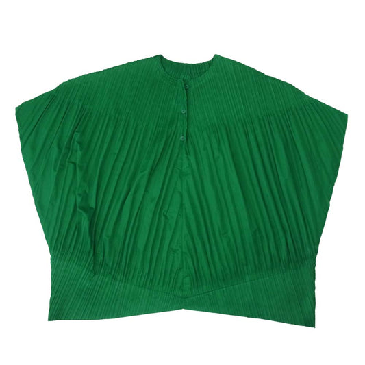 プリーツプリーズ ISSEY MIYAKE イッセイミヤケ PP83-JT512 プリーツ加工 ヘンリーネック ボックスシルエット カットソー グリーン グリーン系 3【美品】【中古】
