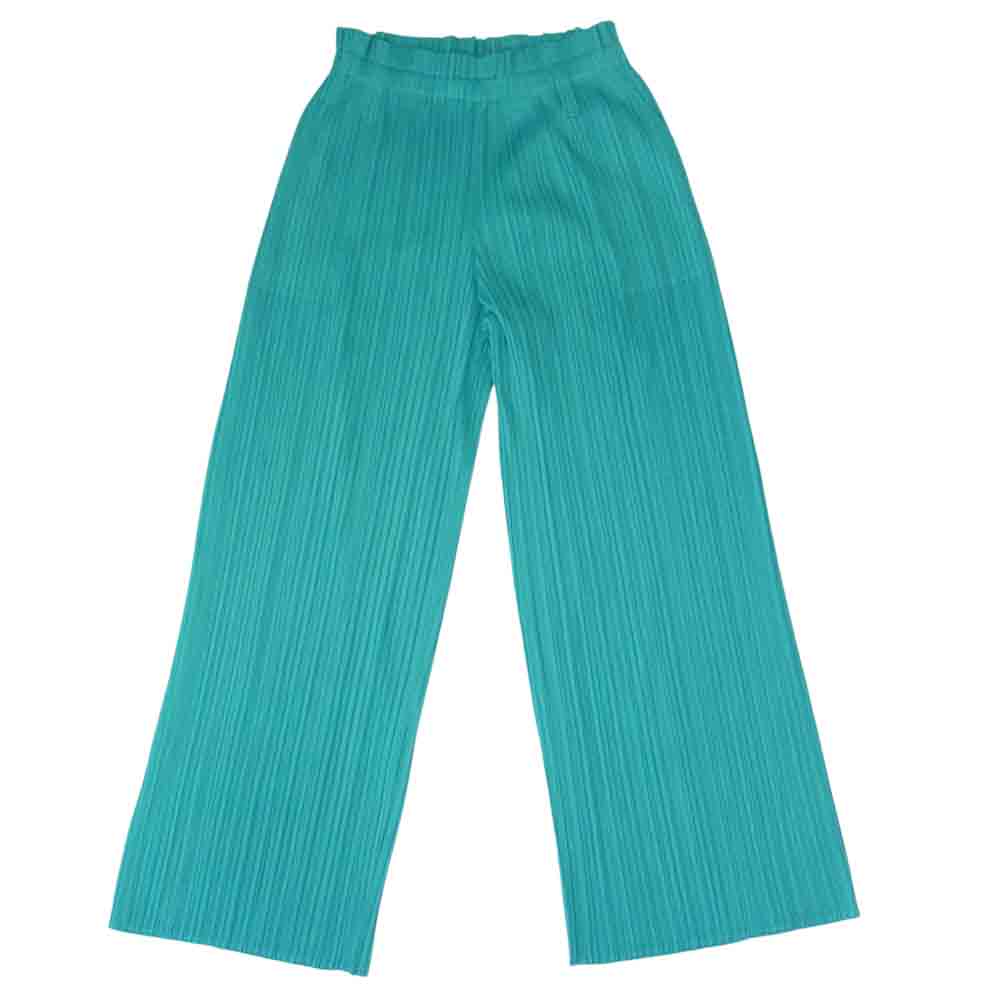 プリーツプリーズ ISSEY MIYAKE イッセイミヤケ PP53-JF143 プリーツ加工 ベルトループ ワイドパンツ ターコイズカラー グリーン系 4【美品】【中古】