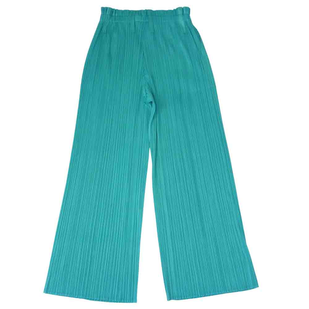 プリーツプリーズ ISSEY MIYAKE イッセイミヤケ PP53-JF143 プリーツ加工 ベルトループ ワイドパンツ ターコイズカラー グリーン系 4【美品】【中古】