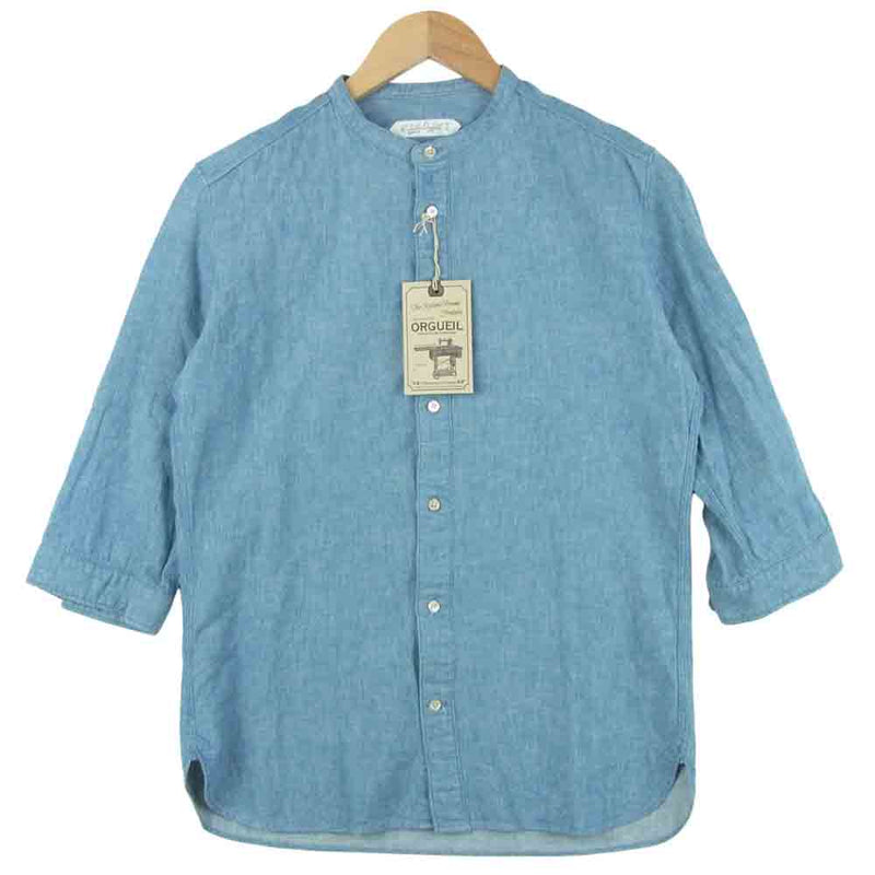 ORGUEIL オルゲイユ OR-5049 Linen Shirt バンドカラー リネン コットン 6分袖 シャツ インディゴブルー系 36【中古】