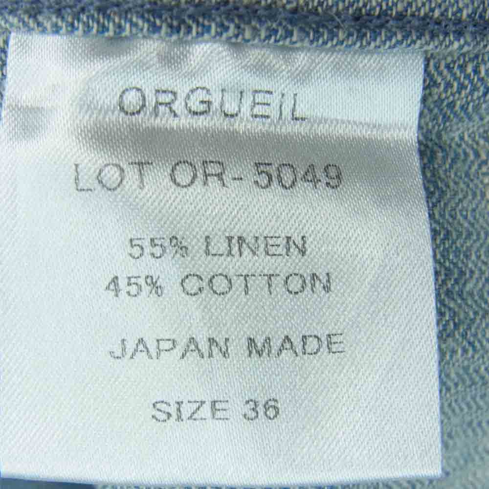 ORGUEIL オルゲイユ OR-5049 Linen Shirt バンドカラー リネン コットン 6分袖 シャツ インディゴブルー系 36【中古】
